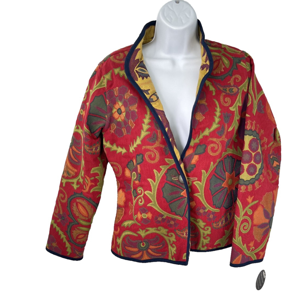 Trimdin Jacket Womens Small Red Yellow Reversible Provence Collection Cherry USA